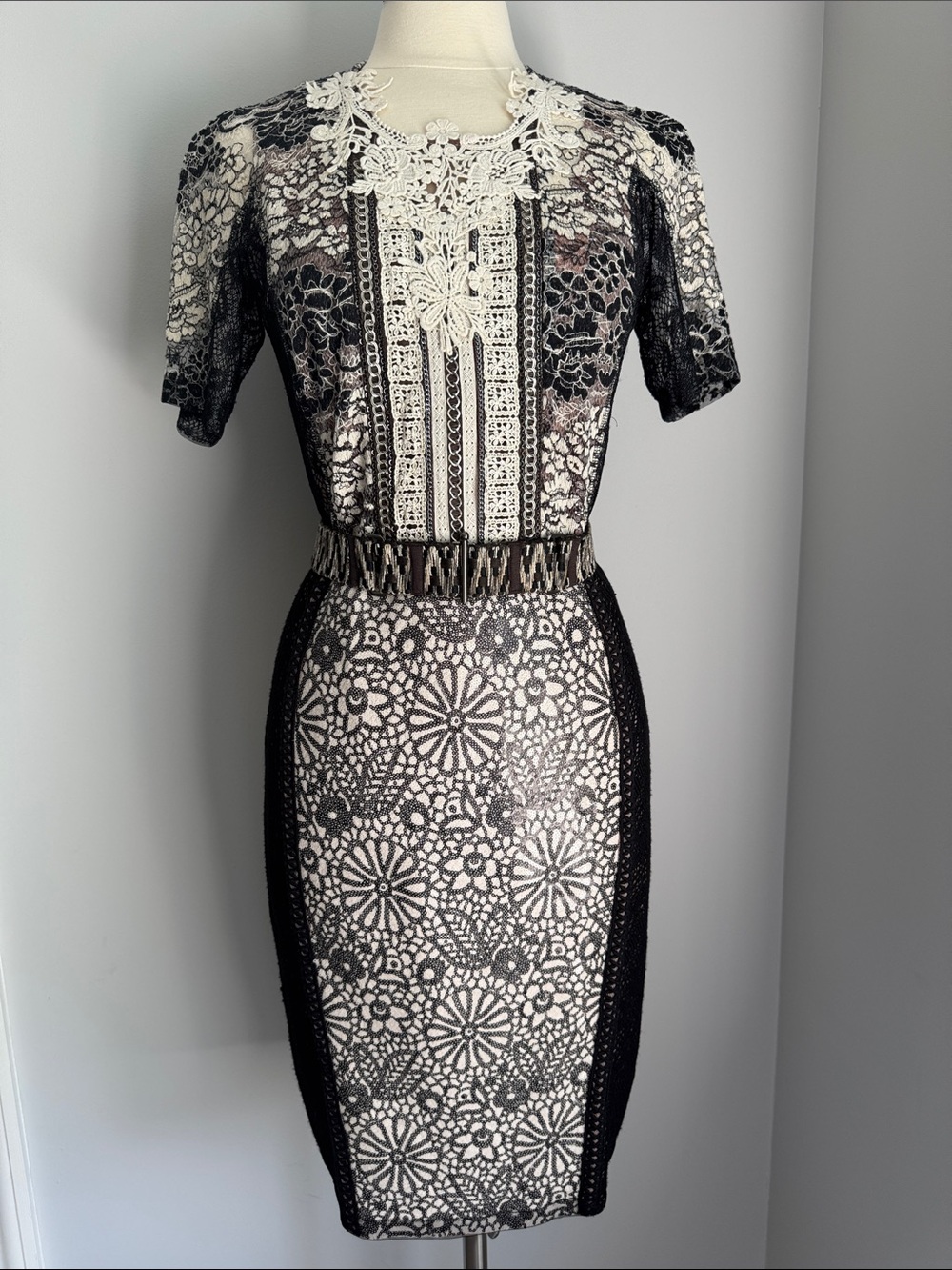 Byron Lars | Beguile Lace Melange Pencil Dress, Cream/Brown/Black, Size 8